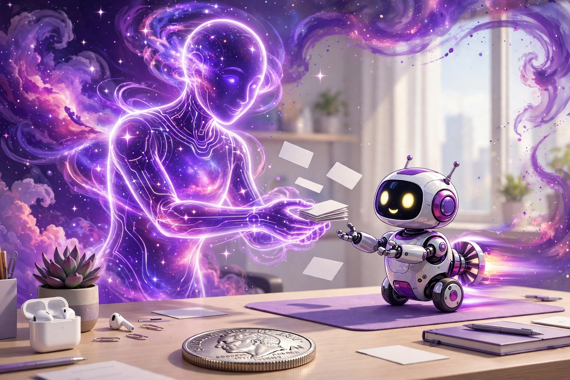 Bright clean workspace showing a large smart model delegating tasks to a small fast model, purple galaxy accents