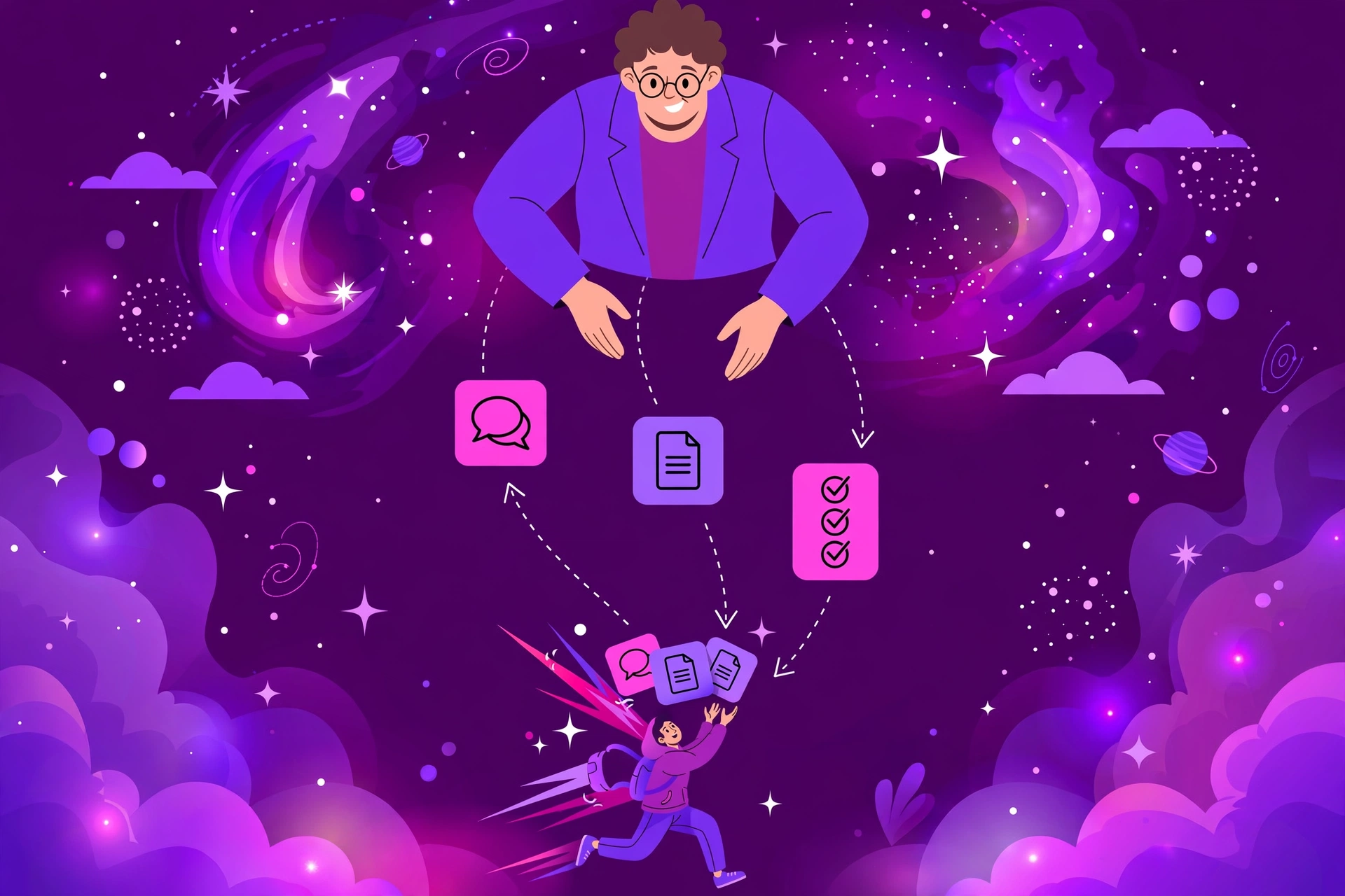 Workflow graphic showing a large manager model routing task cards to a small fast helper model