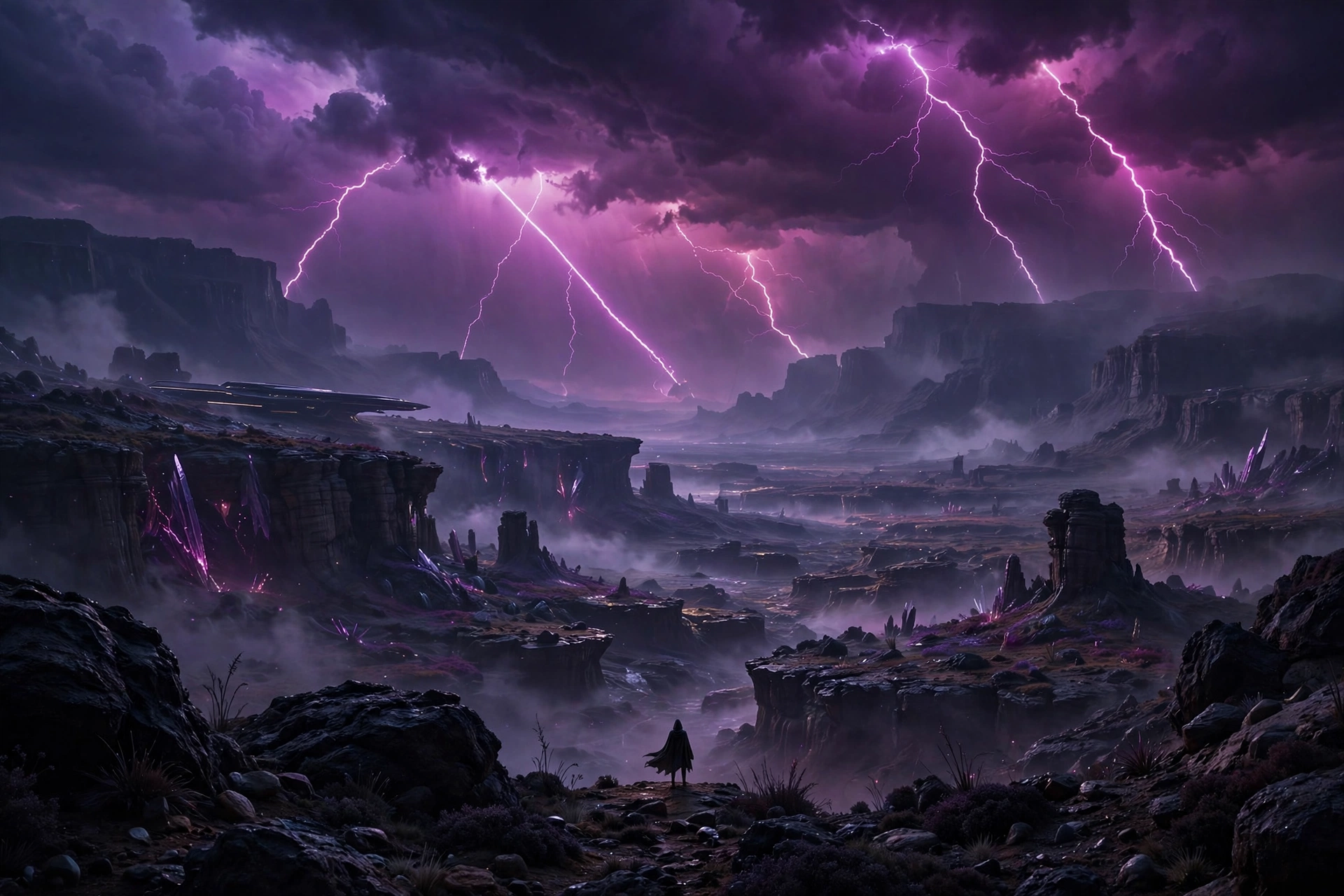 Epic AI film still: purple storm landscape with silhouetted figure
