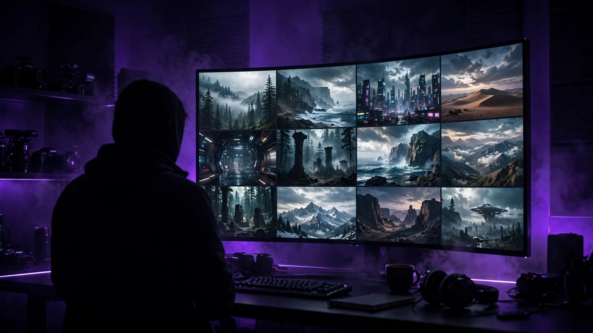 Director reviewing AI film frames on large monitor