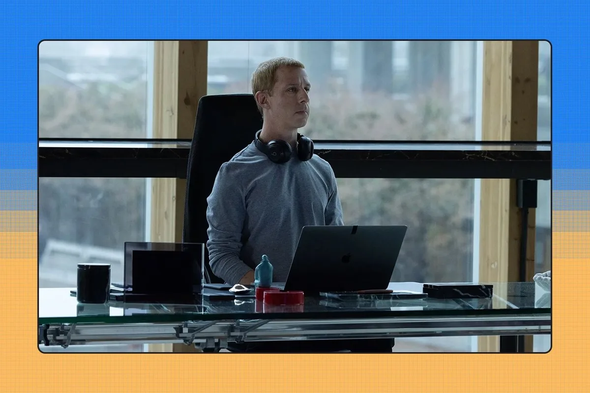 A still from The Social Reckoning, the new film about Facebook starring Jeremy Strong as Mark Zuckerberg