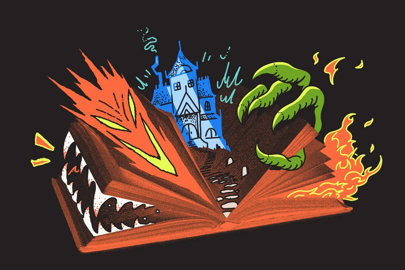 Illustration of an open horror book with a haunted house, monster claws, flames, and fanged pages rising out of it on a black background