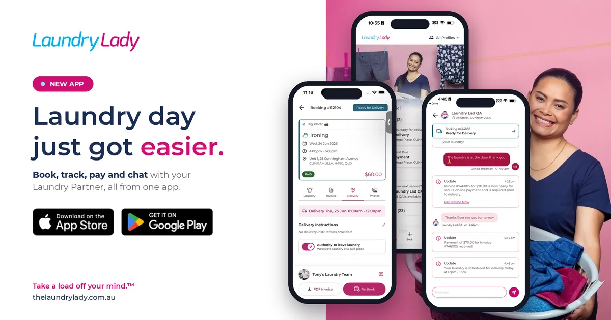 The Laundry Lady booking app shown on phones beside a laundry partner holding a basket of folded washing