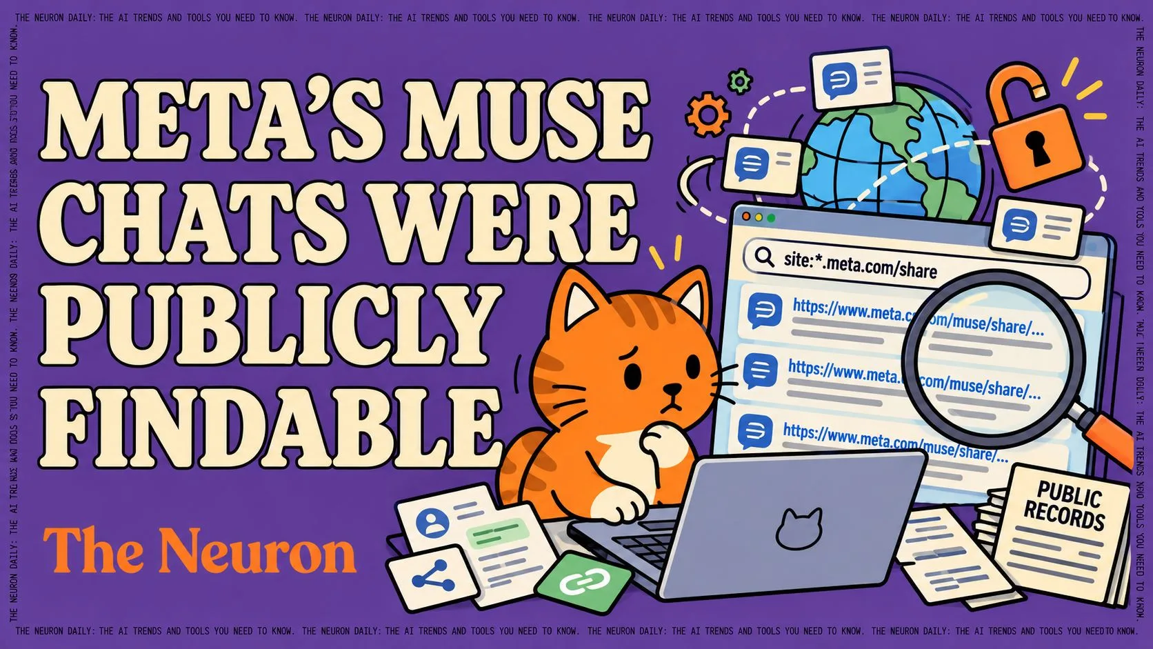 A Neuron illustration of a worried cat at a laptop beside search results for shared Muse chats, an open padlock, and papers labeled Public Records