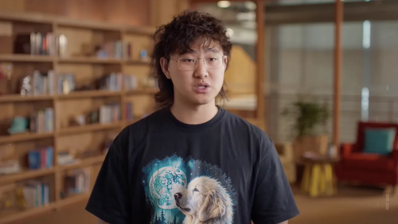 A Meta Superintelligence Labs presenter speaking during the Muse Wonder launch video, with bookshelves behind him