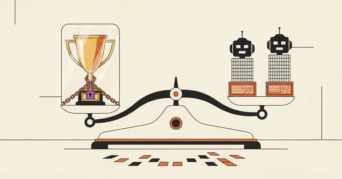 An editorial illustration of a balance scale weighing a locked trophy against two AI robot models, a picture of price against performance