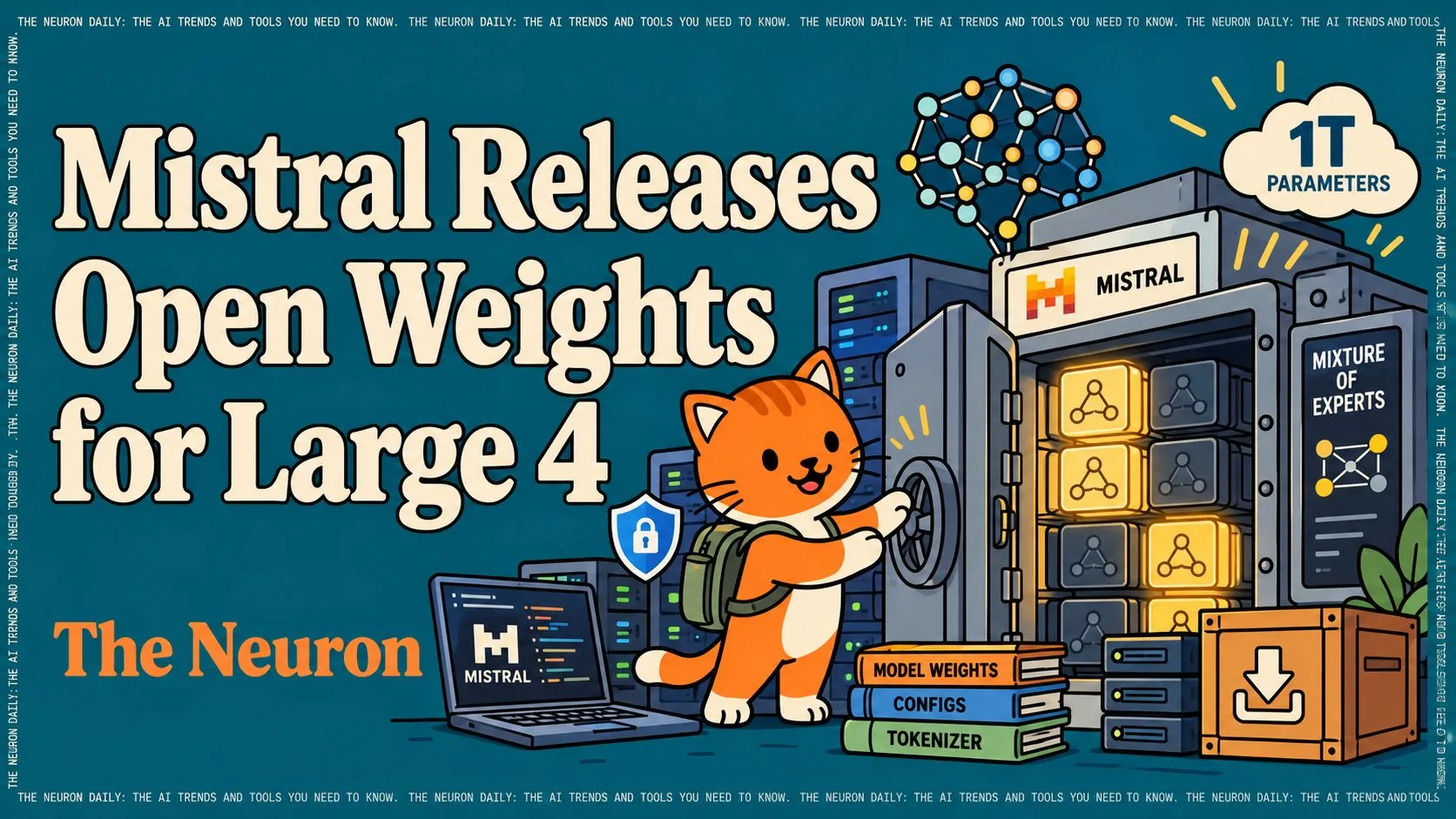 Illustration of a cat opening a vault labeled Mistral holding glowing model weights, with a 1T parameters cloud and a laptop running Mistral
