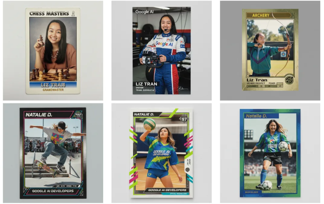 Google's official Gemini 2.5 Flash Image demo: the same two people kept consistent across a matching set of trading card designs