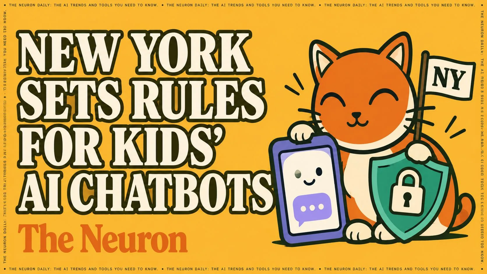 Illustration of a cat holding a phone with a smiling chatbot face and a locked shield, under the headline New York sets rules for kids AI chatbots