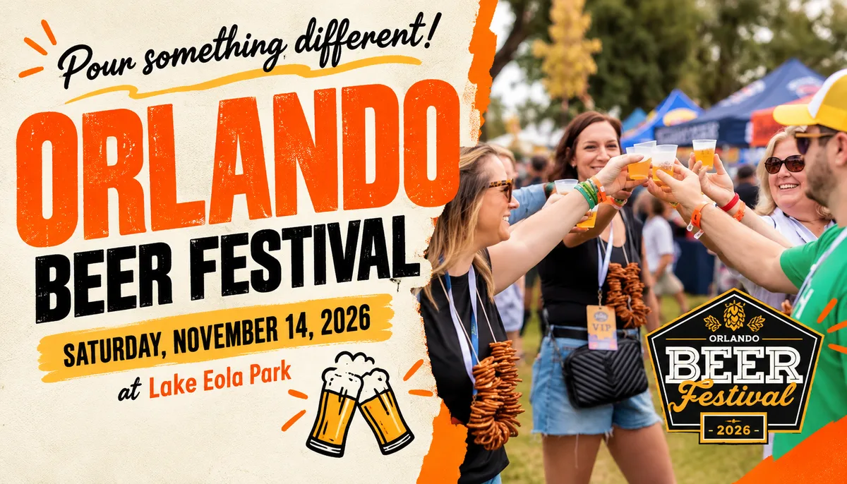 Orlando Beer Festival artwork showing guests toasting with sample glasses, dated Saturday, November 14, 2026 at Lake Eola Park