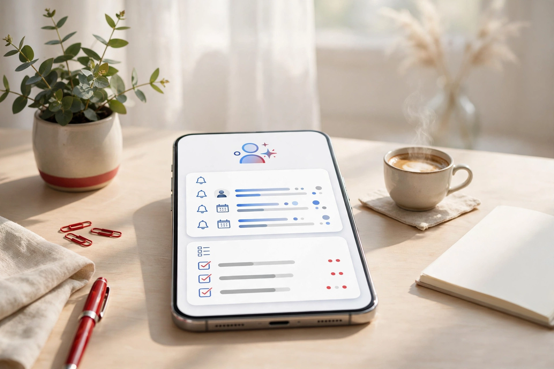 Bright phone screen showing a personal AI agent sorting morning mentions and follow up reminders, light editorial style, red accent details