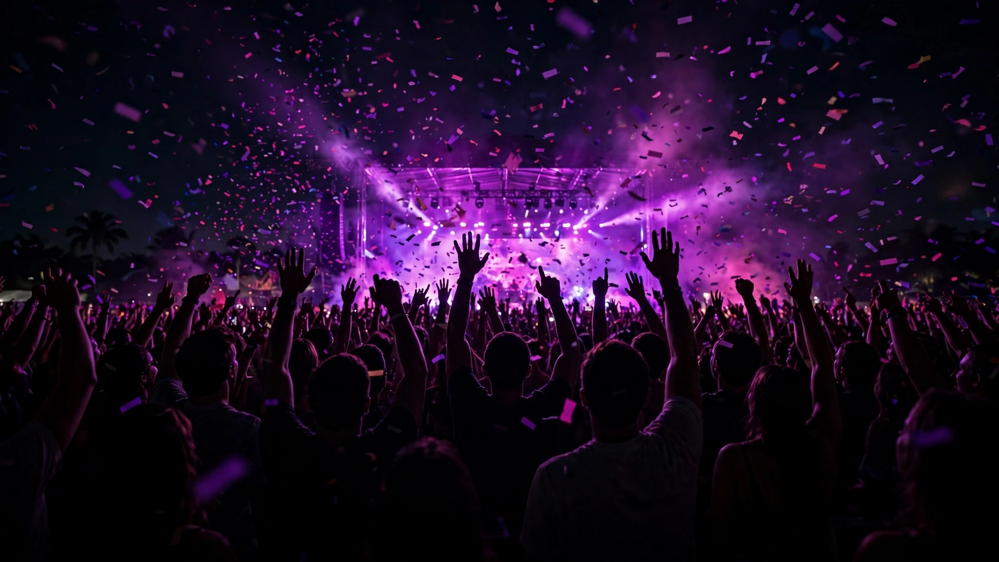 Packed Florida event crowd with hands raised under purple stage lights