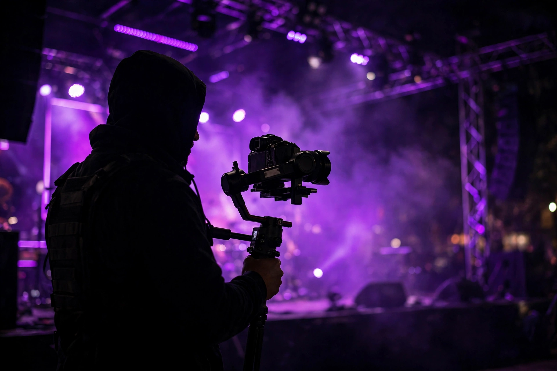Videographer silhouette filming a live event on gimbal