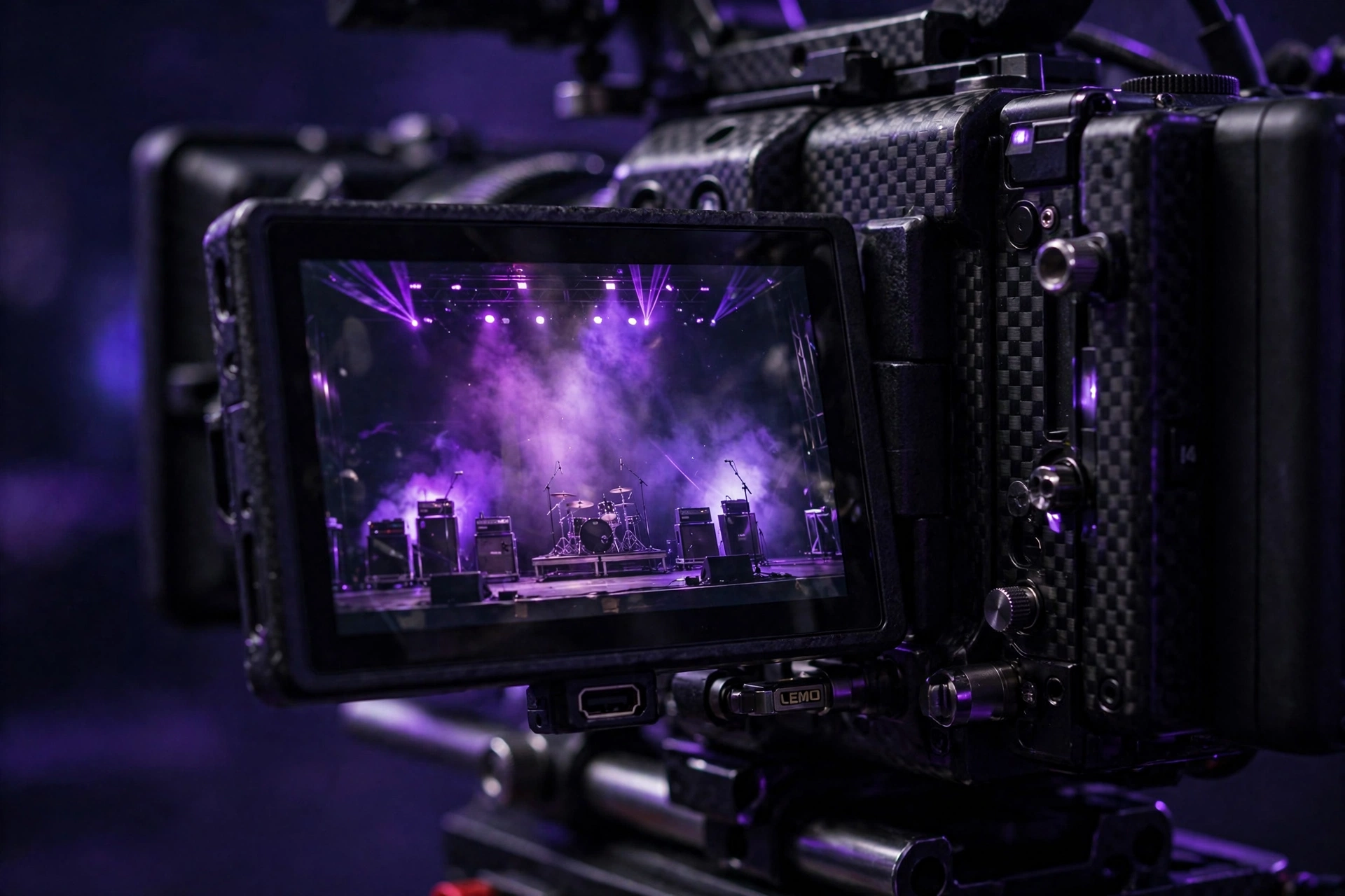 Cinema camera screen showing a live concert being recorded