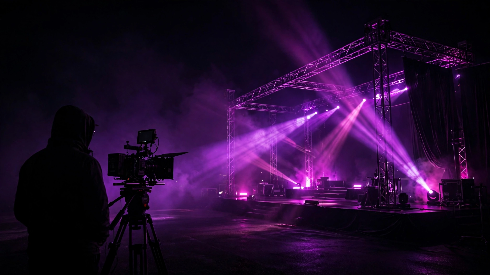 Director silhouette with camera on a music video set at night, purple stage lights