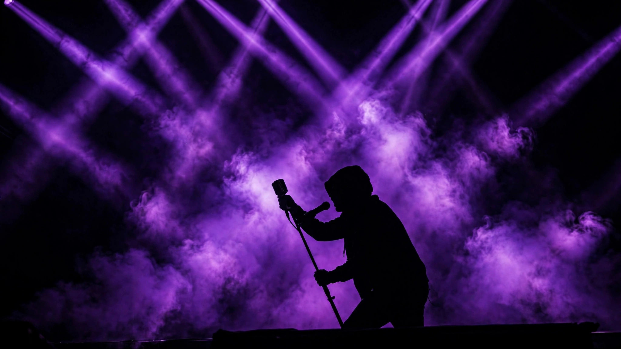 Artist silhouette performing under purple stage lights