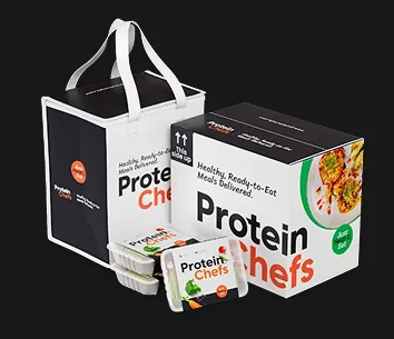 Protein Chefs branded delivery box and cooler bag with packaged ready to eat meals in front