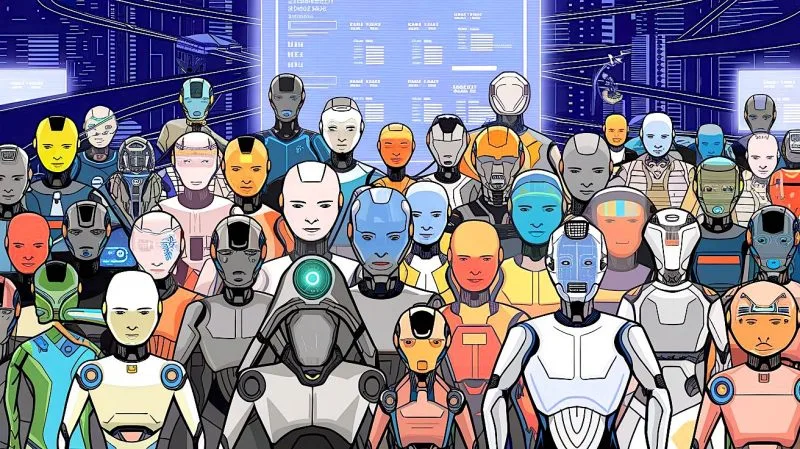 An illustration of a large crowd of humanoid AI robots standing together in front of glowing data screens