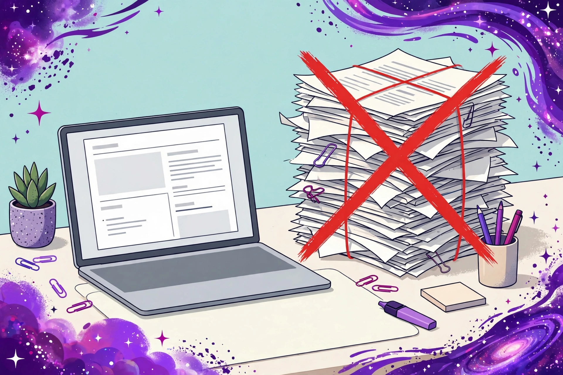 Bright clean desk with a laptop showing a short clear document next to a crossed out stack of bloated reports, purple galaxy accents