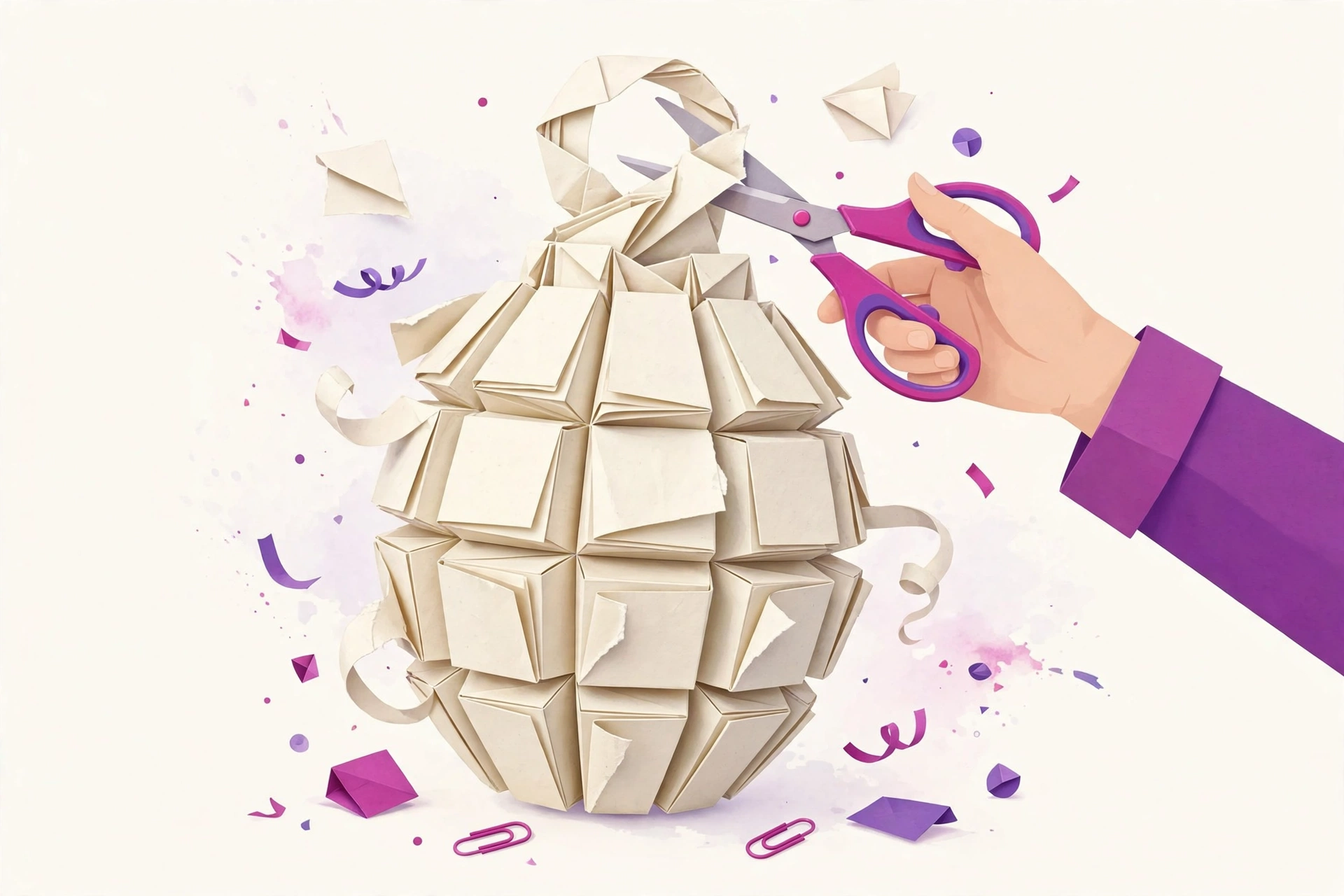 Illustration of a grenade made of paper pages being defused by an editor's hand