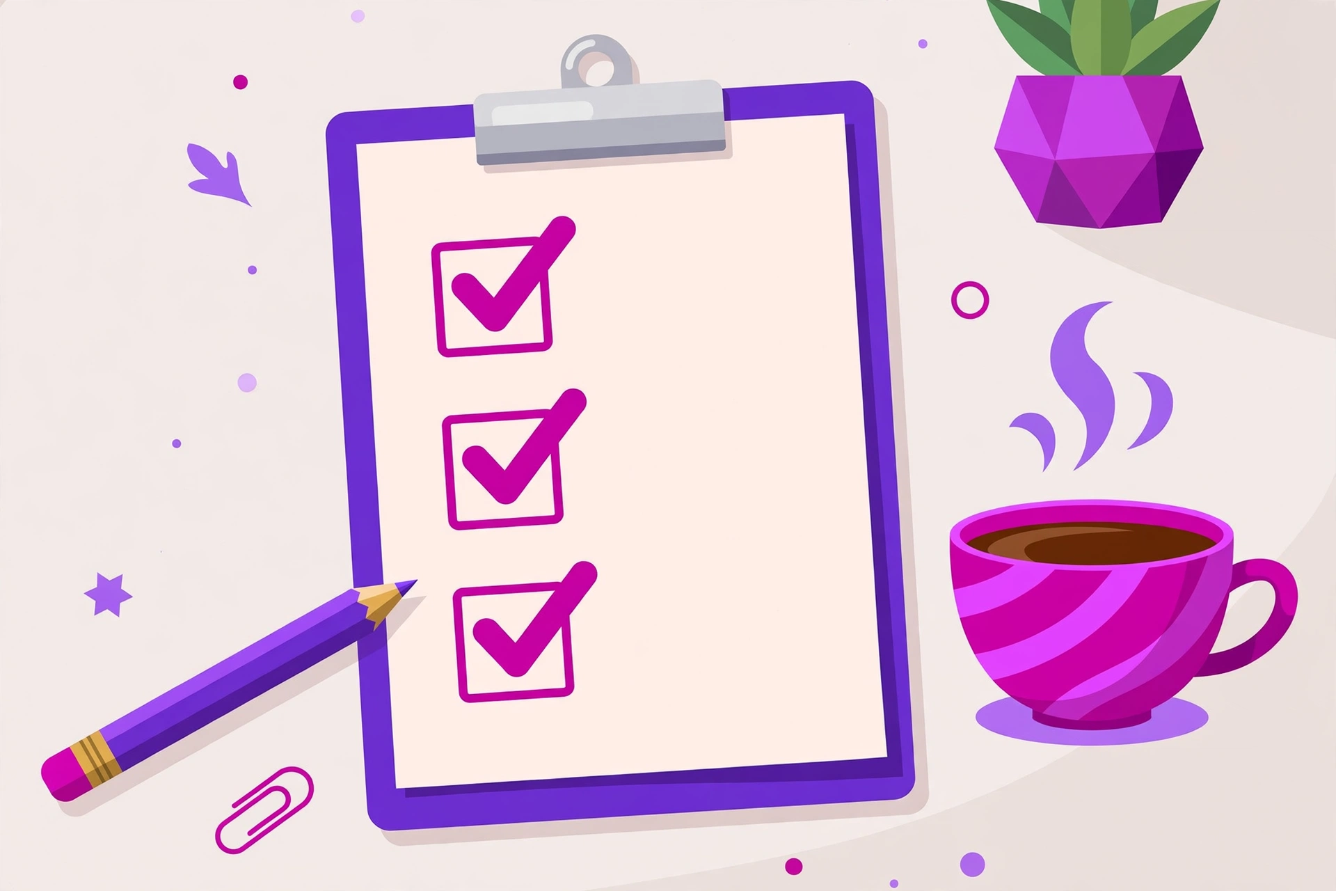 Clipboard with a three step quality checklist and big checkmarks on a clean desk