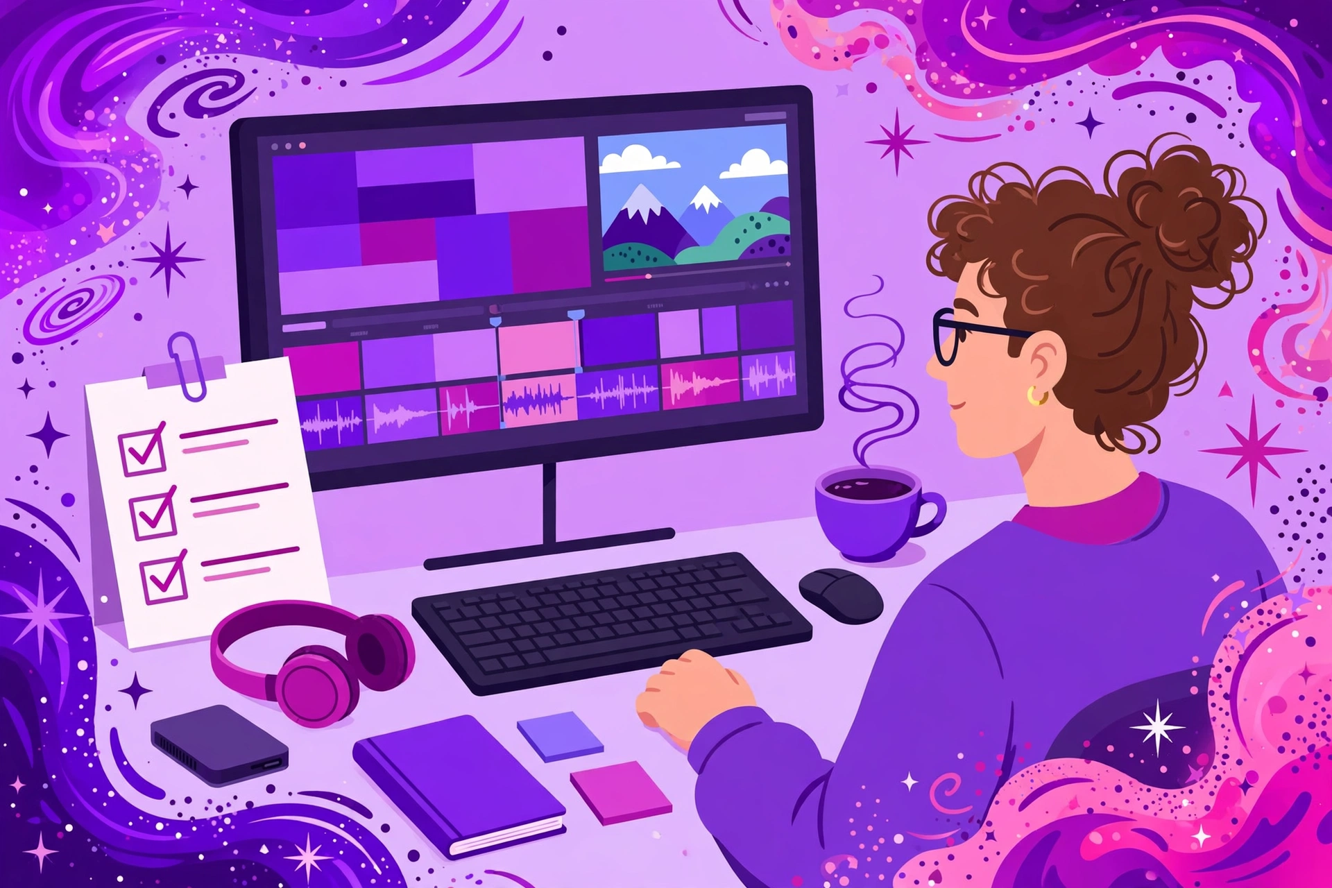 Video creator at a desk reviewing footage on a monitor with a transparency checklist beside the keyboard