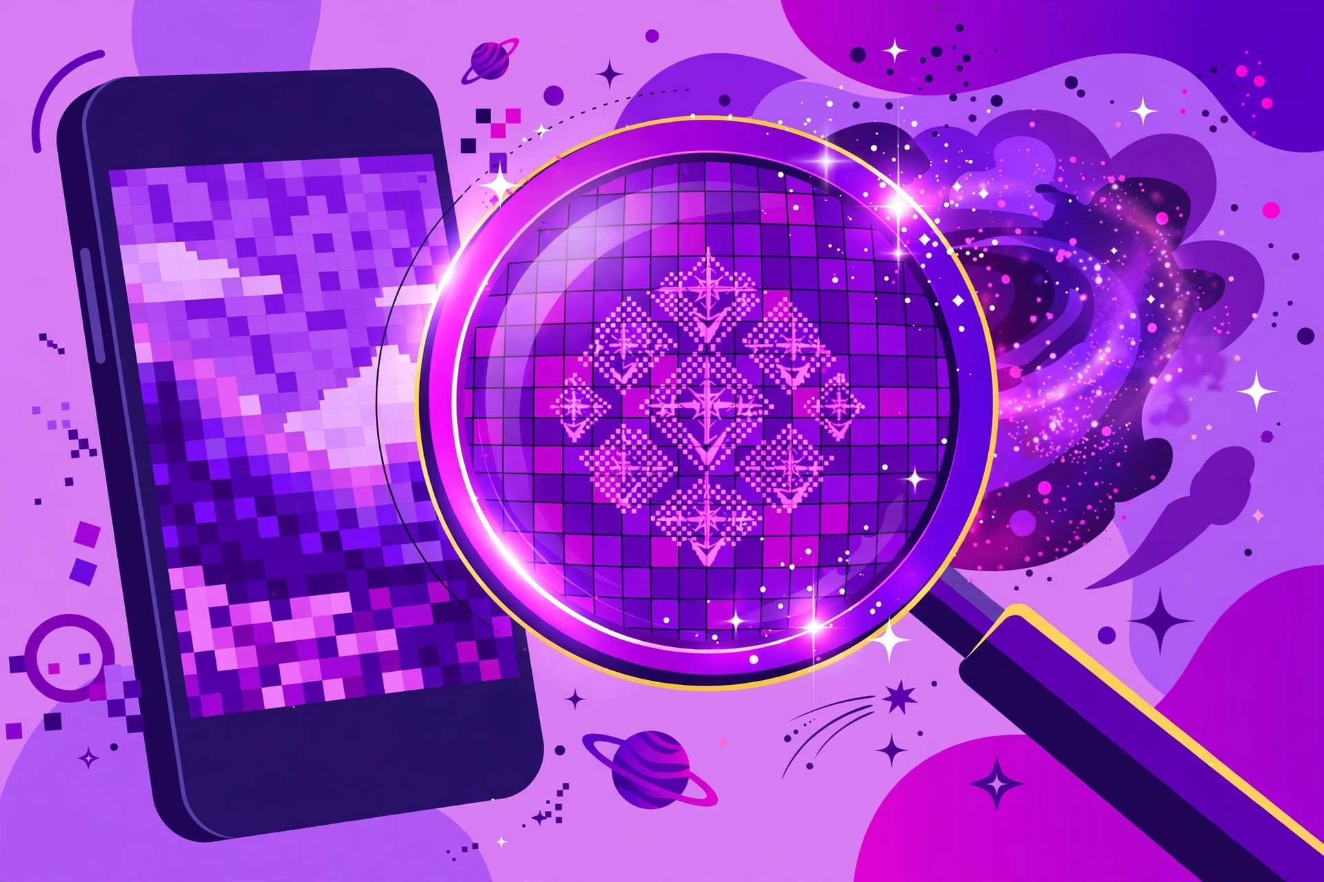Smartphone scanning a video frame with a glowing lens revealing a hidden watermark pattern, purple and magenta accents
