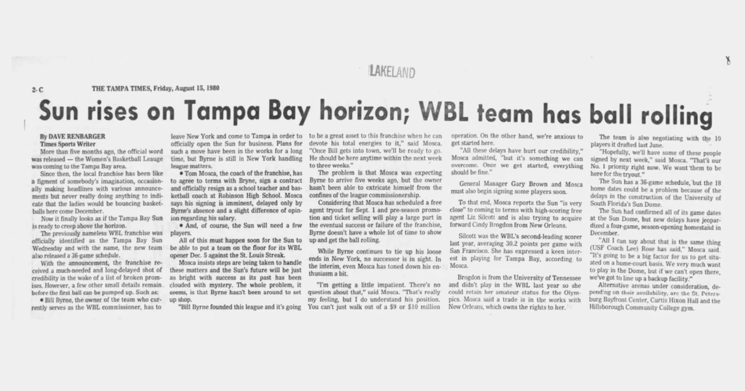 A 1980 Tampa Times newspaper page headlined Sun rises on Tampa Bay horizon, about the Tampa Bay Sun women's basketball team