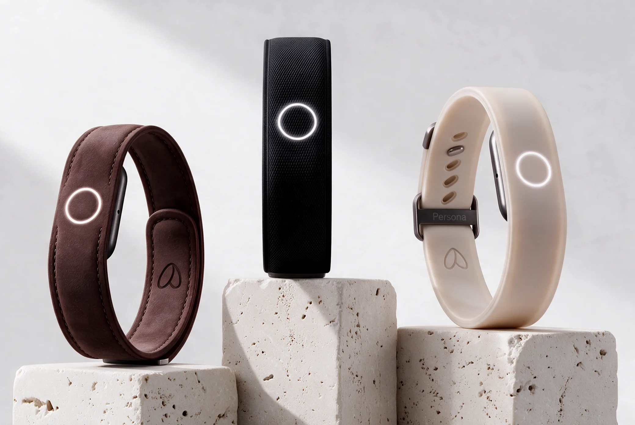 The Persona wearable band lineup in six finishes on a dark background, official product photo from Persona