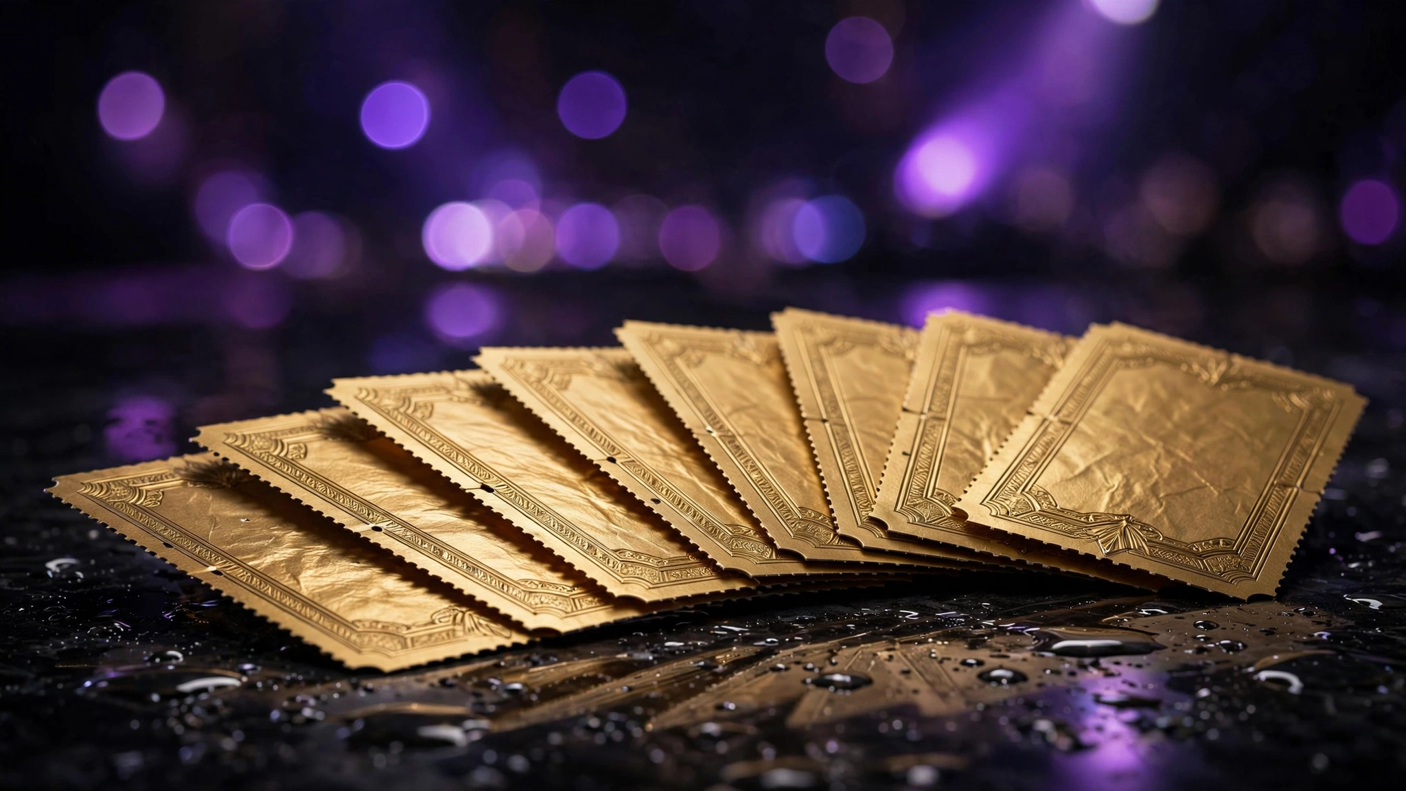 Golden event tickets fanned out with purple stage lights behind