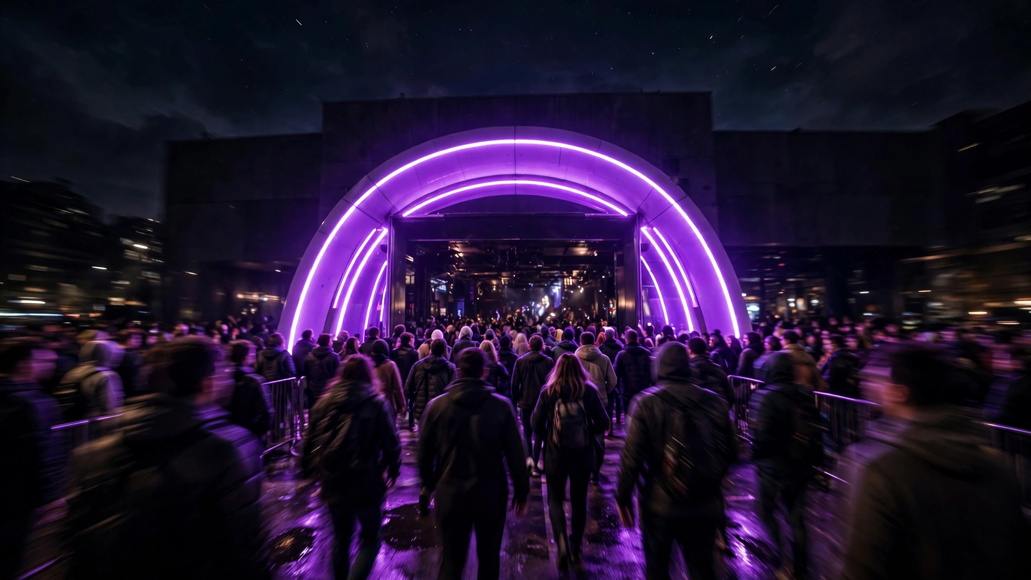Crowd entering a venue through glowing purple entrance