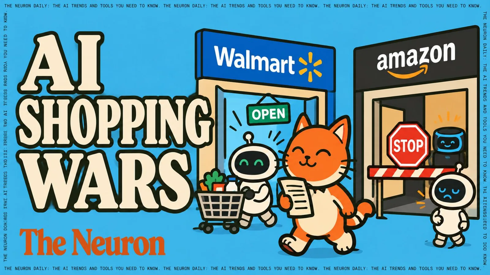 Illustration of the AI shopping contest between Walmart and Amazon from The Neuron