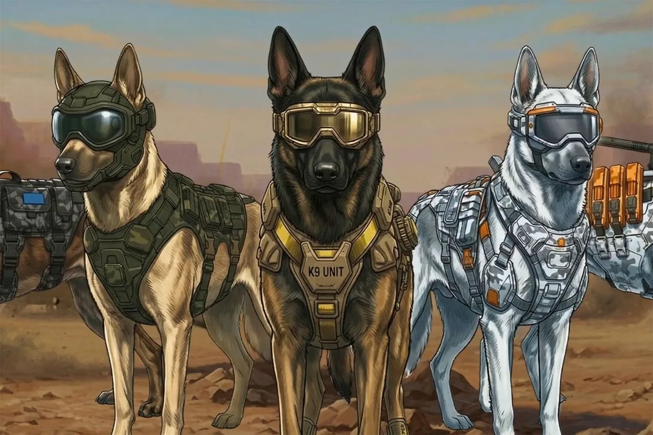 Illustration of three military working dogs in tactical vests and goggles standing in a desert, with a K9 Unit harness on the center dog