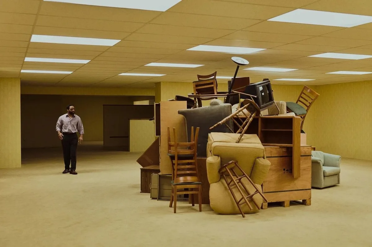 A still from Backrooms, the A24 film that began as a short posted online by Kane Parsons