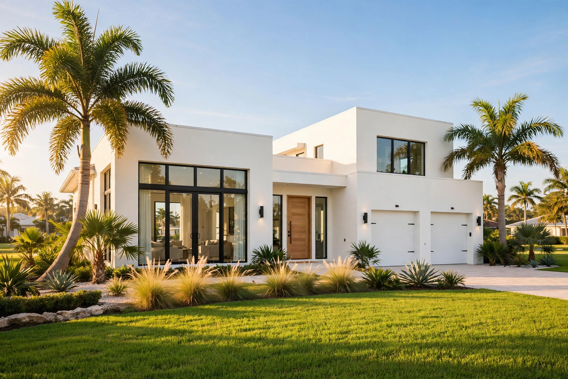 Modern Florida home with palm trees in warm sunlight