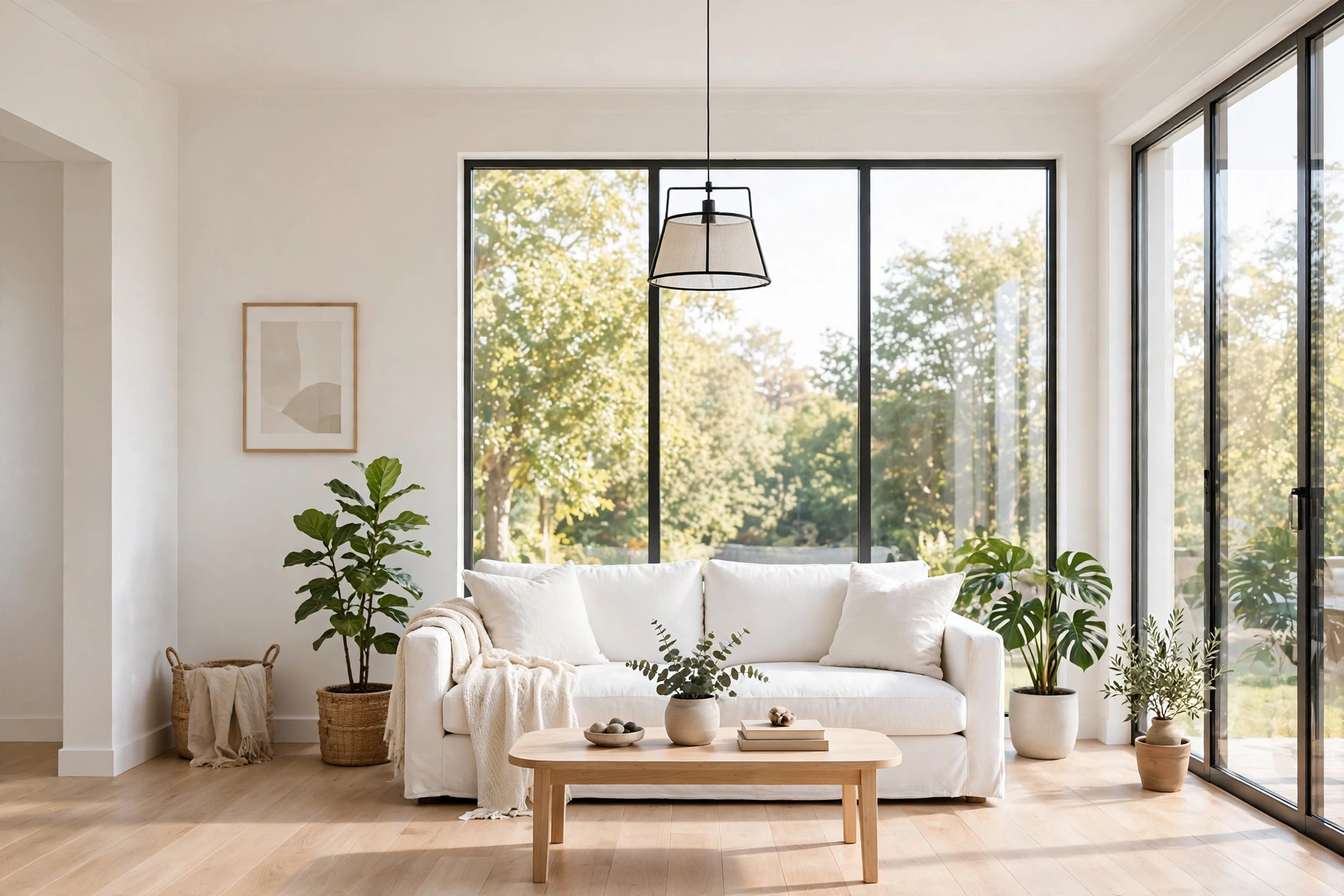 Bright staged living room with large windows and light wood floors