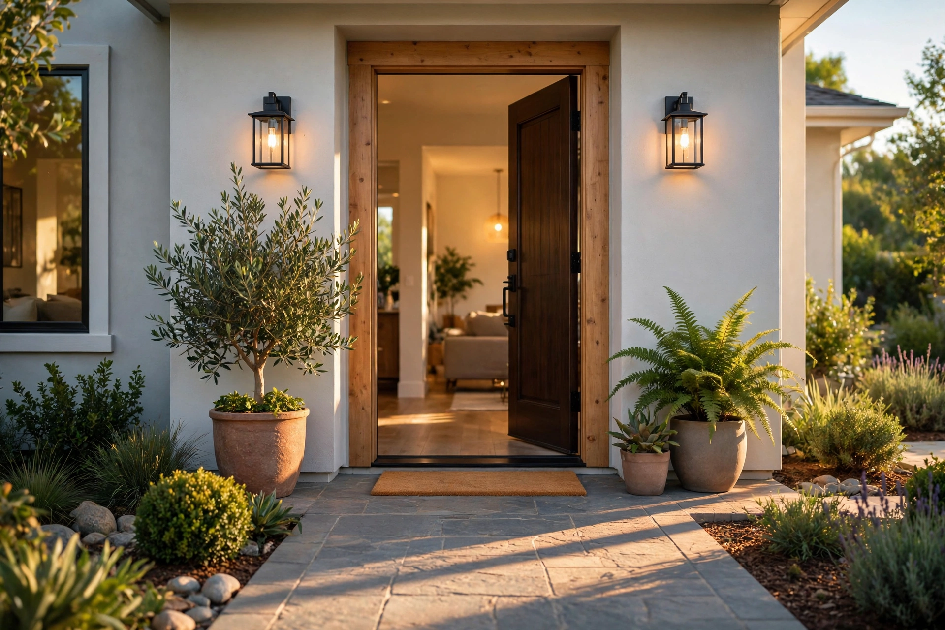 Warm front door open on a home with plants and soft evening light