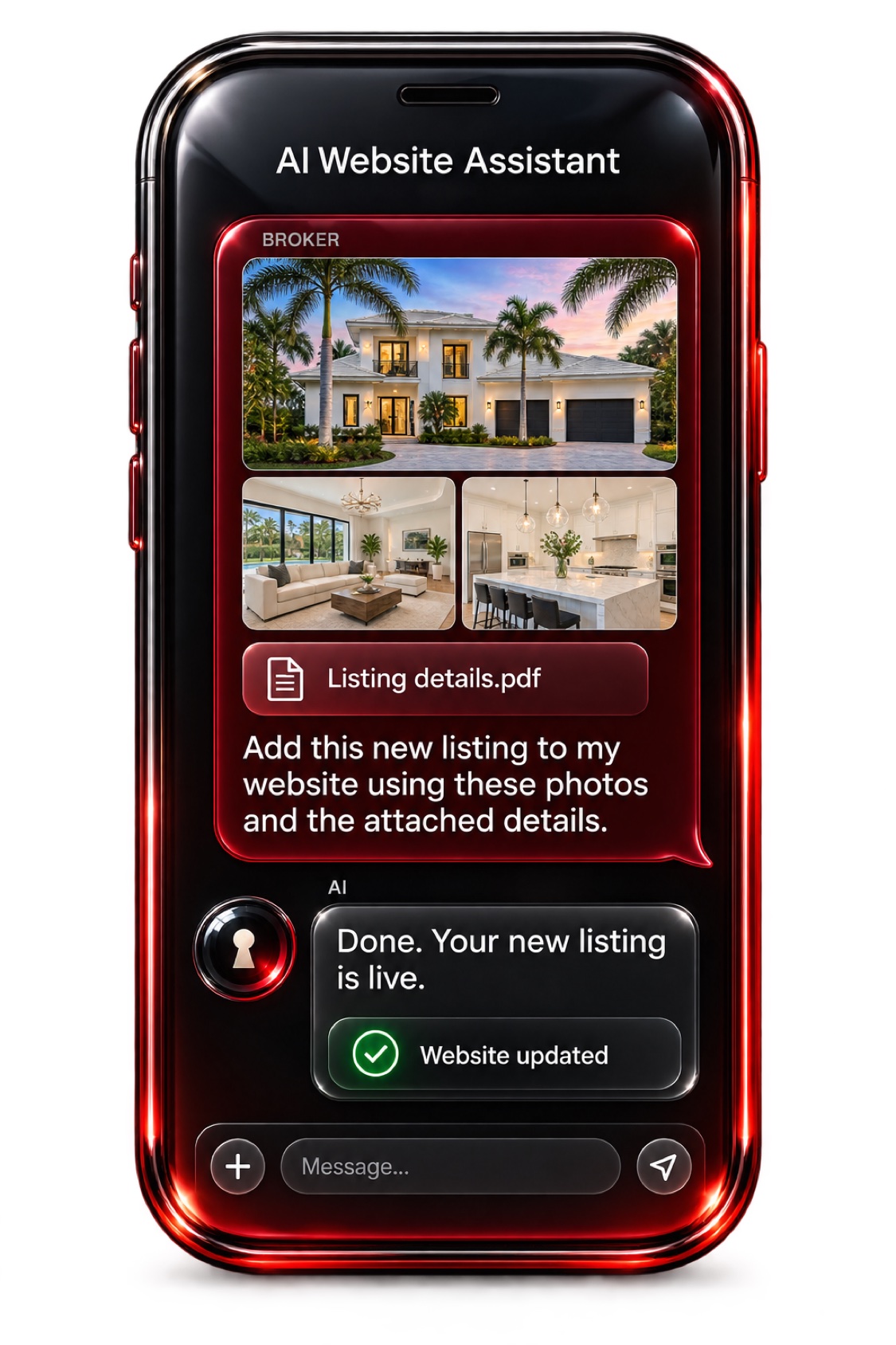 A broker adds a new listing to her website from her phone and the system confirms it is live