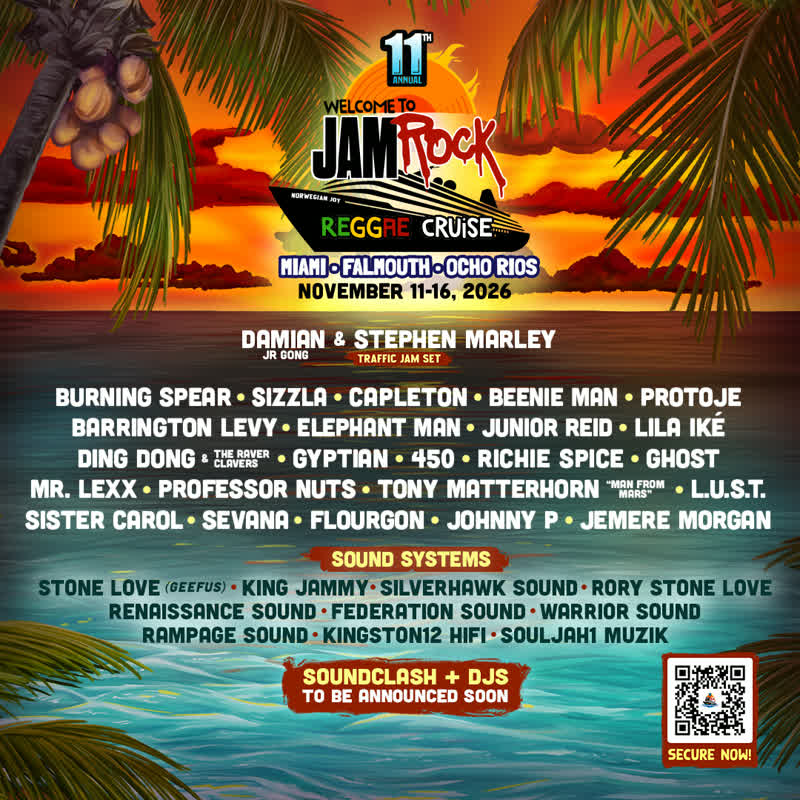 Welcome to Jamrock Reggae Cruise 2026 lineup poster, sailing from Miami
