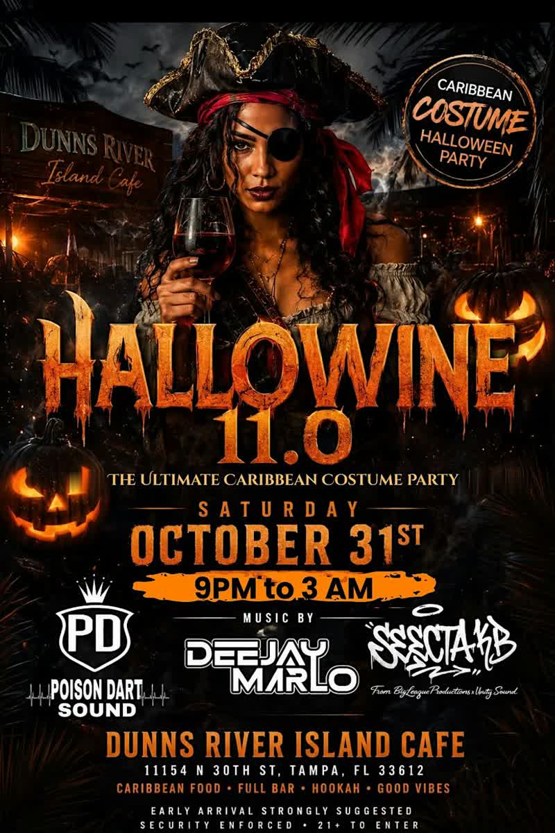 HALLOWINE 11.0 Caribbean Halloween costume party flyer, Dunns River Island Cafe, Tampa
