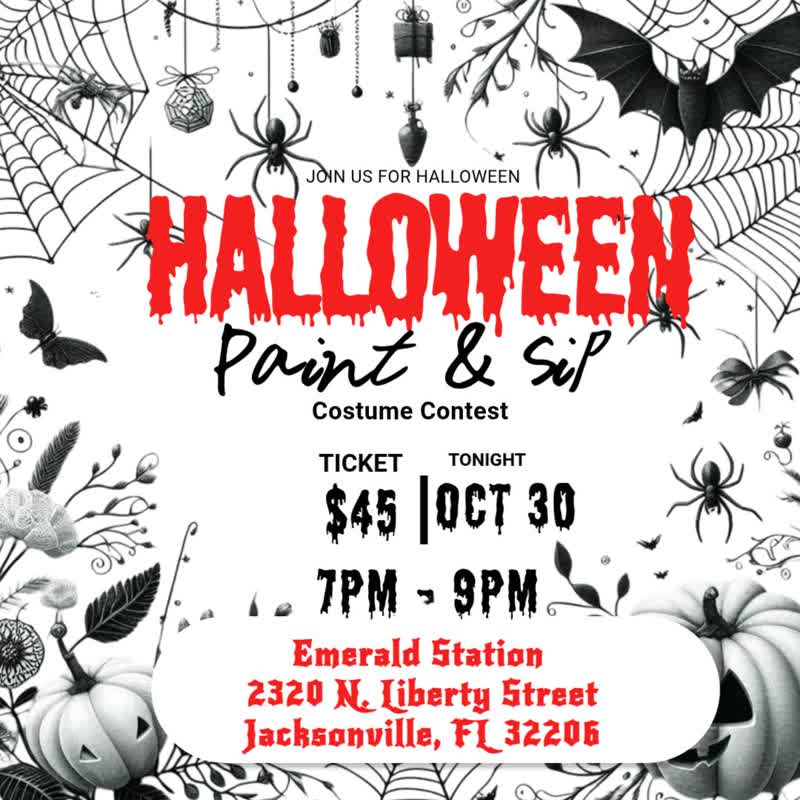 Halloween Paint and Sip and Costume Contest flyer, Emerald Station, Jacksonville