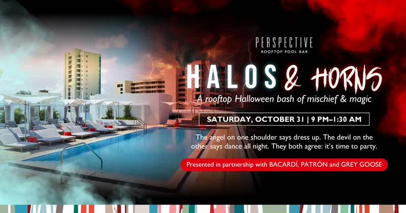 Halos and Horns Halloween at Perspective Rooftop event flyer
