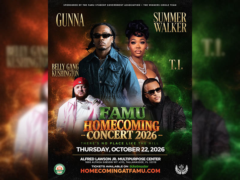 FAMU Homecoming Concert 2026 flyer with Gunna, Summer Walker, T.I. and Bellygang Kushington, Tallahassee