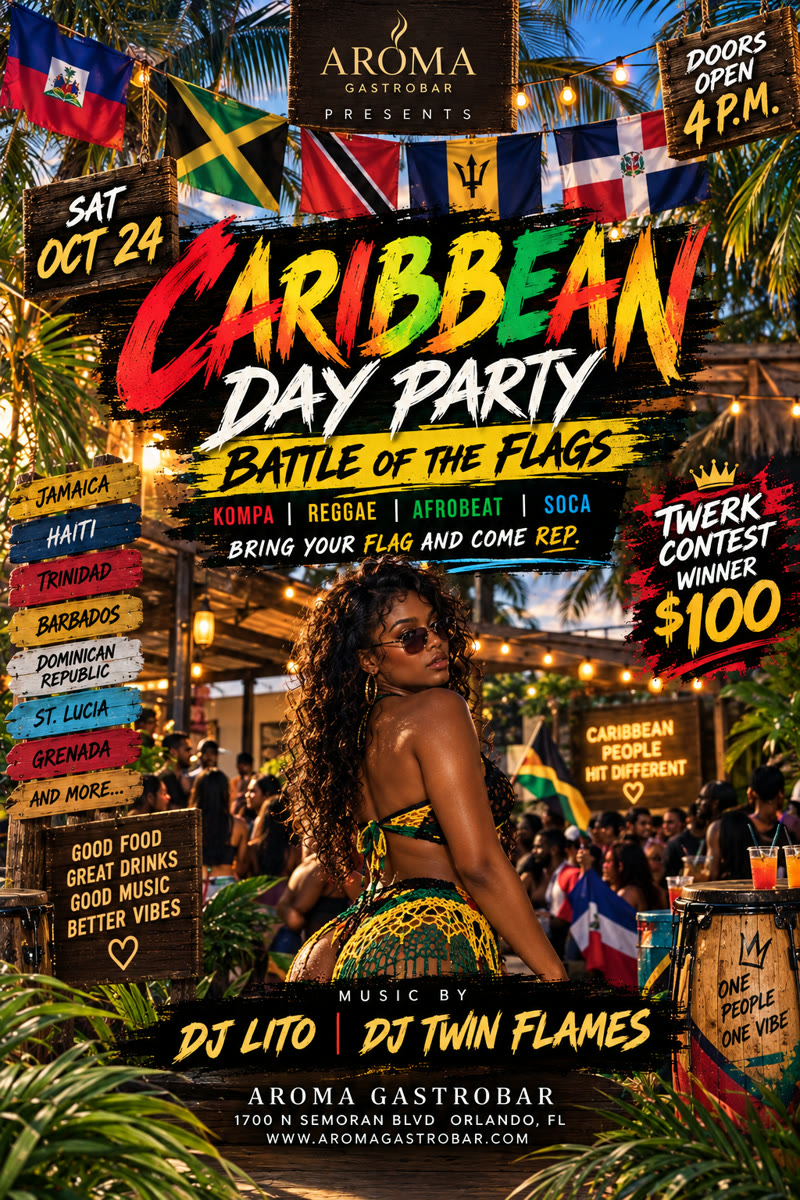 Caribbean Day Party Battles of the Flags flyer, Aroma Gastro Bar Orlando