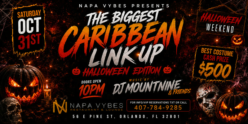 The Biggest Caribbean Halloween Linkup Napa Vybes flyer, Napa Vybes Restaurant and Lounge Orlando