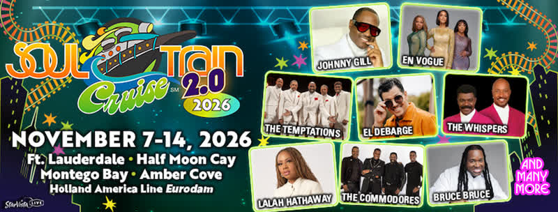 Soul Train Cruise Fall 2026 flyer sailing from Fort Lauderdale with Johnny Gill and En Vogue