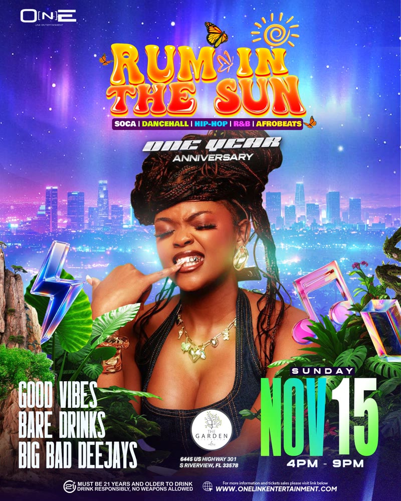 Rum in the Sun one year anniversary flyer for Sunday November 15 at The Garden in Riverview, with soca, dancehall, hip hop, R&B and afrobeats
