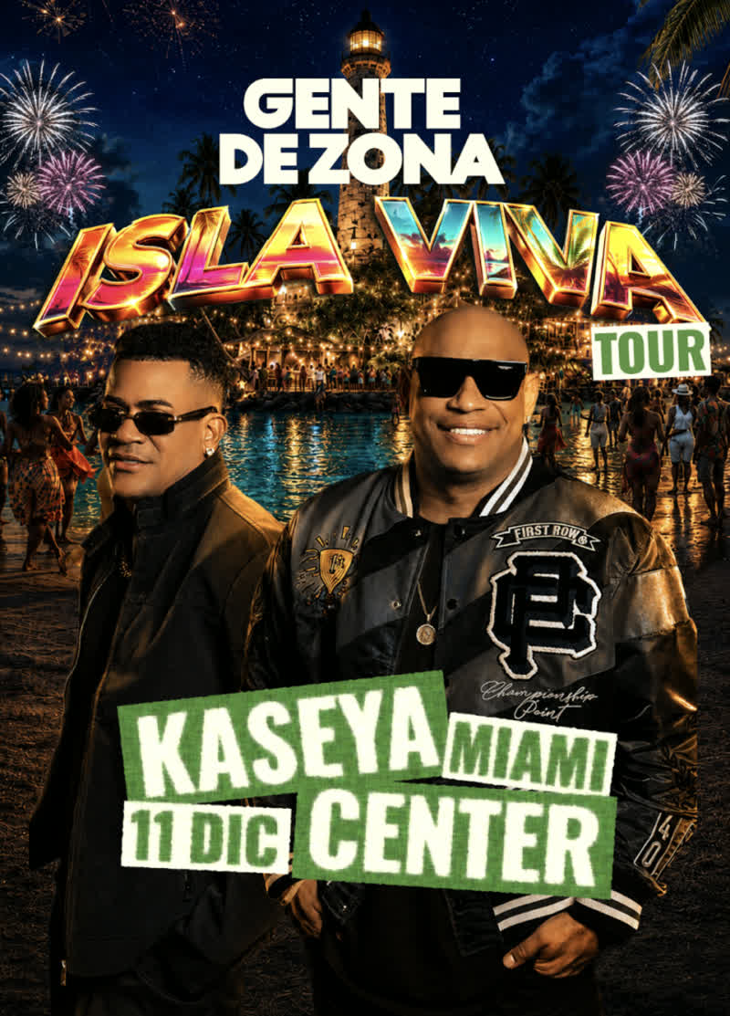 Gente de Zona Isla Viva Tour official poster for Kaseya Center Miami on December 11