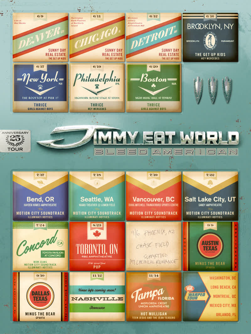 Jimmy Eat World 25 Years of Bleed American tour poster, MIDFLORIDA Credit Union Amphitheatre Tampa