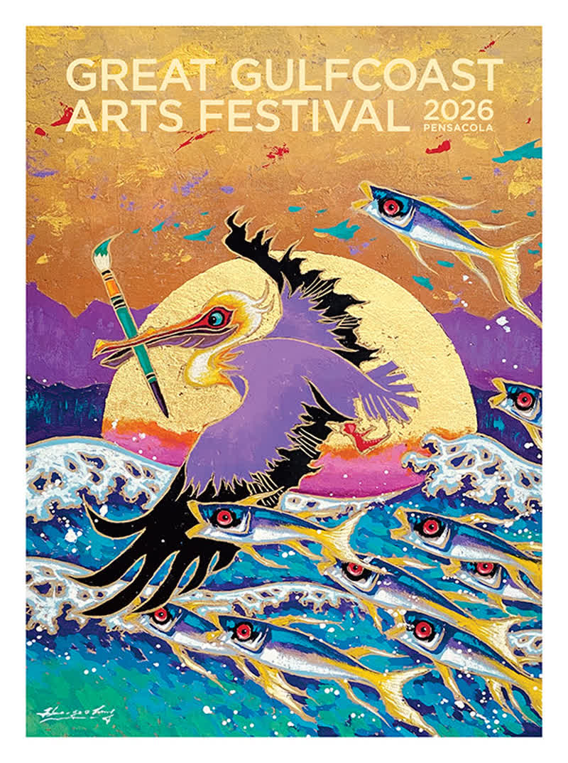 Great Gulfcoast Arts Festival 2026 poster showing a pelican carrying a paintbrush over the water at sunset